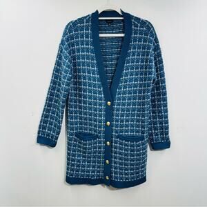 Talbots Cardigan Sweater‎ Blue Merino Wool Gold Buttons Pockets Size M